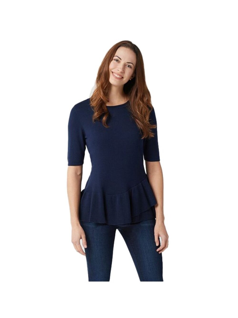 Isaac Mizrahi Live! Top Womens Sz XXS Navy Round Neck Elbow-Sleeve Ruffle Peplum